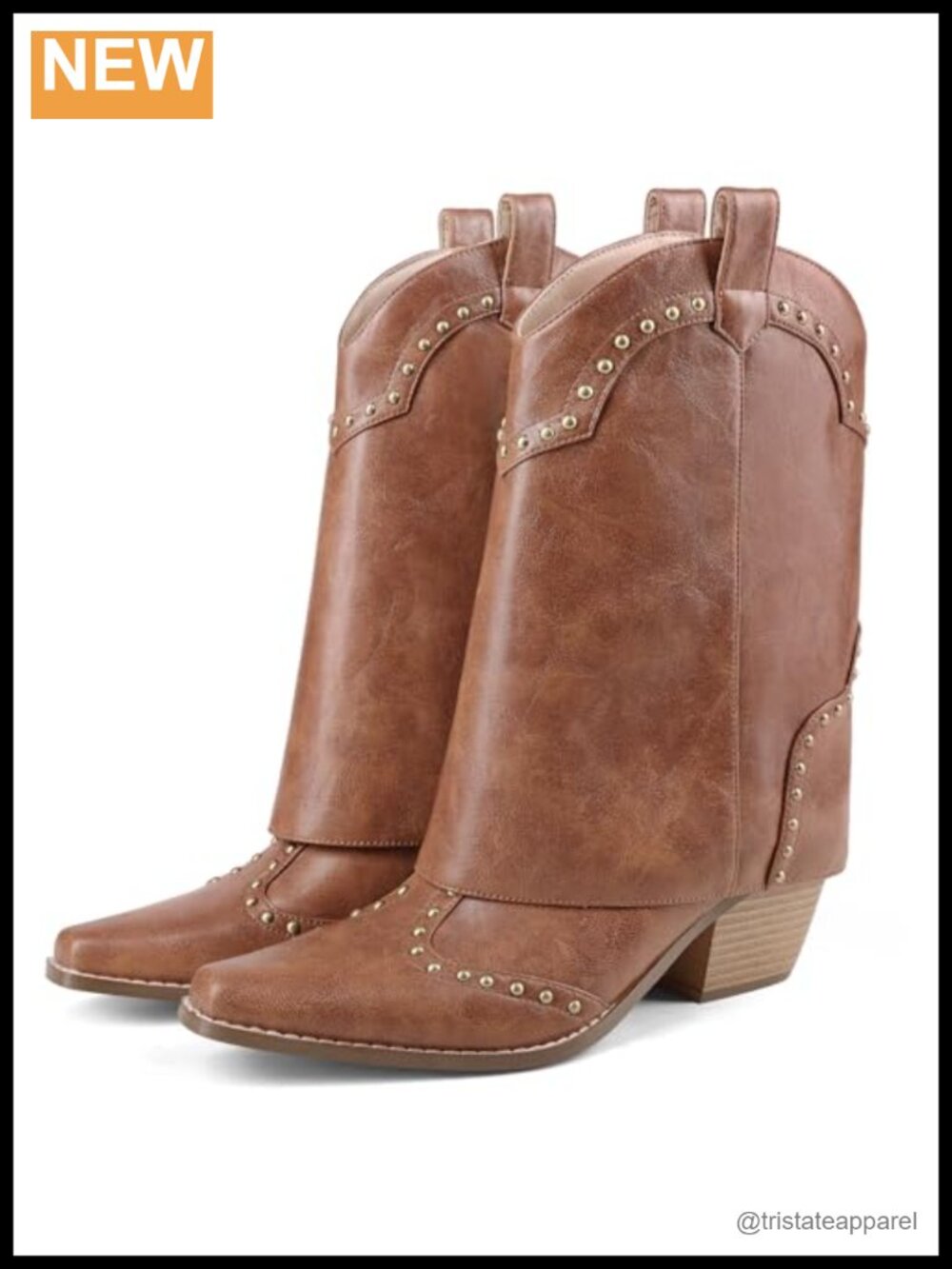 Faux Leather Studded Shark Toe Snip Toe Cowgirl Ankle Boots Chunky Heel Pull On